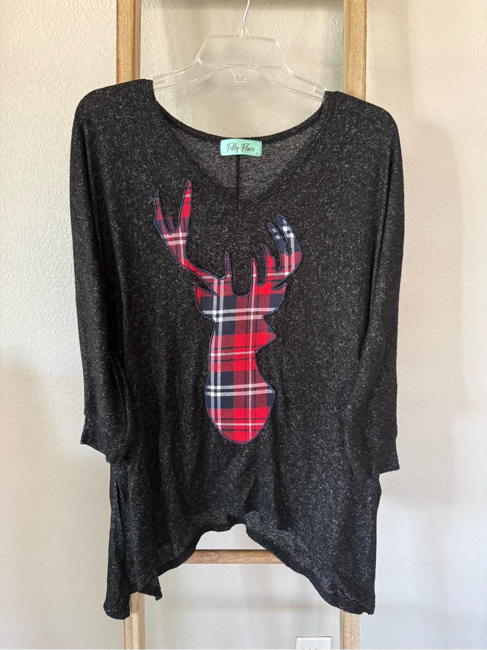 Filly Flair Black Knit Top with Red Plaid Deer Silhouette